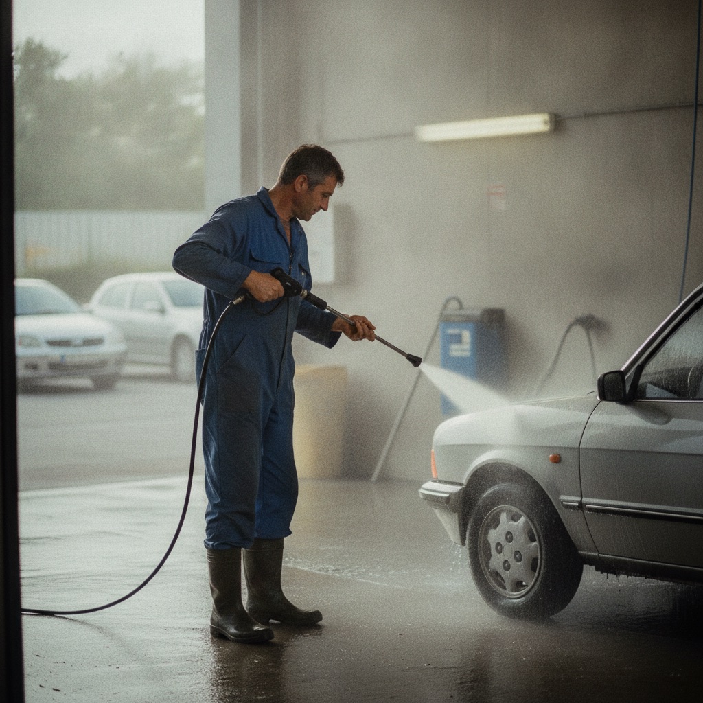 Stations de lavage au travail : Un employé lave une voiture au jet haute pression dans une station de lavage