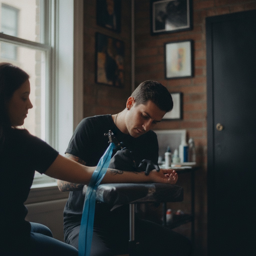 Tatoueurs au travail : Un tatoueur réalise un tatouage sur l'avant-bras d'un client, machine à tatouer, grande concentration