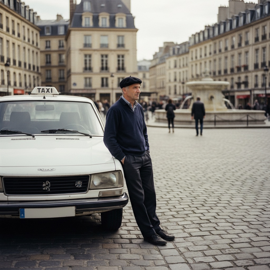 Taxis au travail : Un chauffeur de taxi attend devant sa voiture blanche sur une place de ville