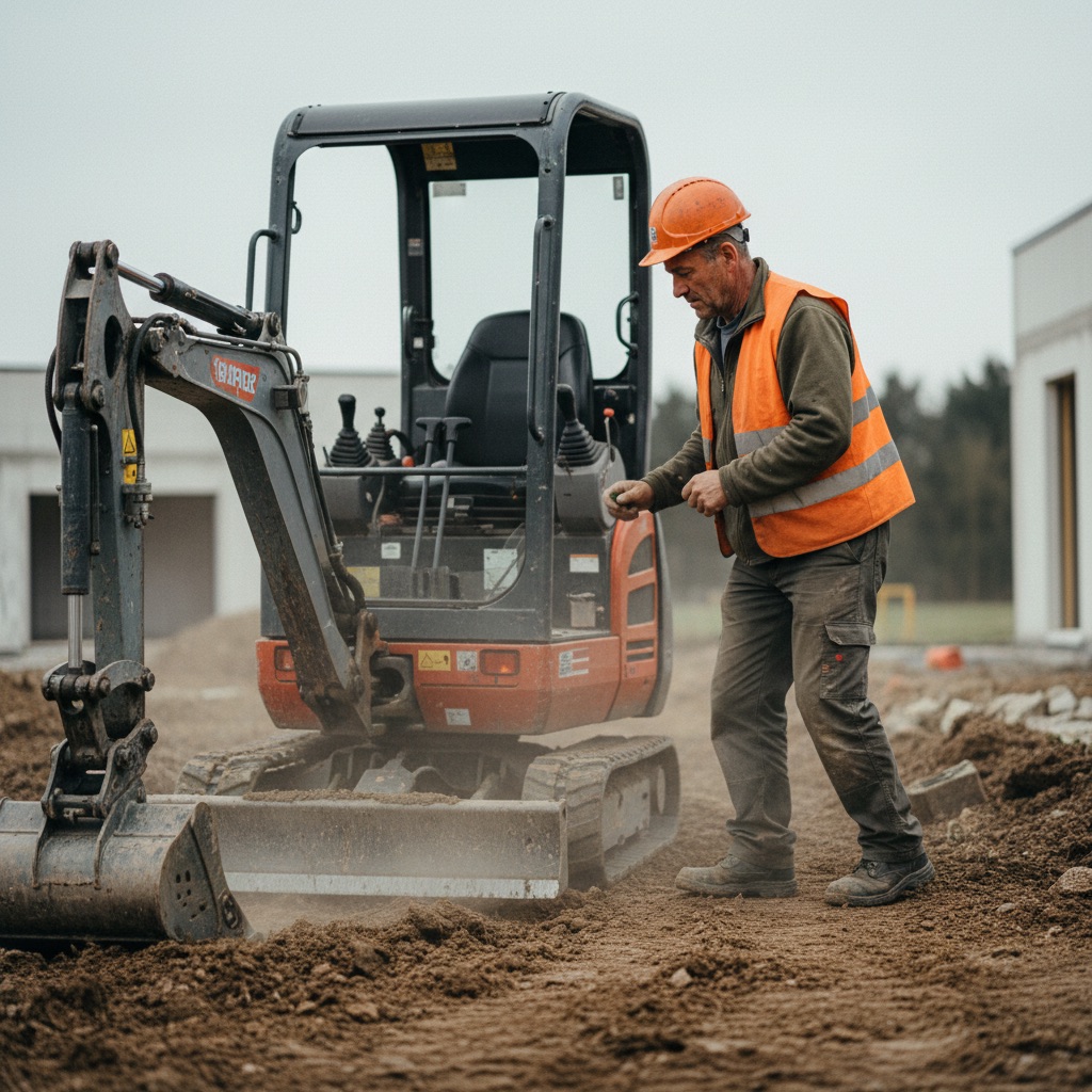 Terrassiers au travail : Un terrassier guide une mini-pelle sur un chantier de terrassement, terre fraîchement remuée