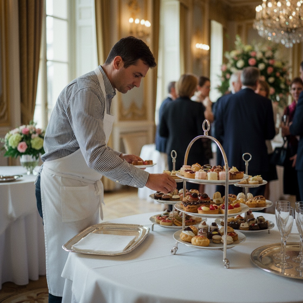 Traiteurs au travail : Un traiteur dresse un buffet de petits fours sur une table nappée pour une réception