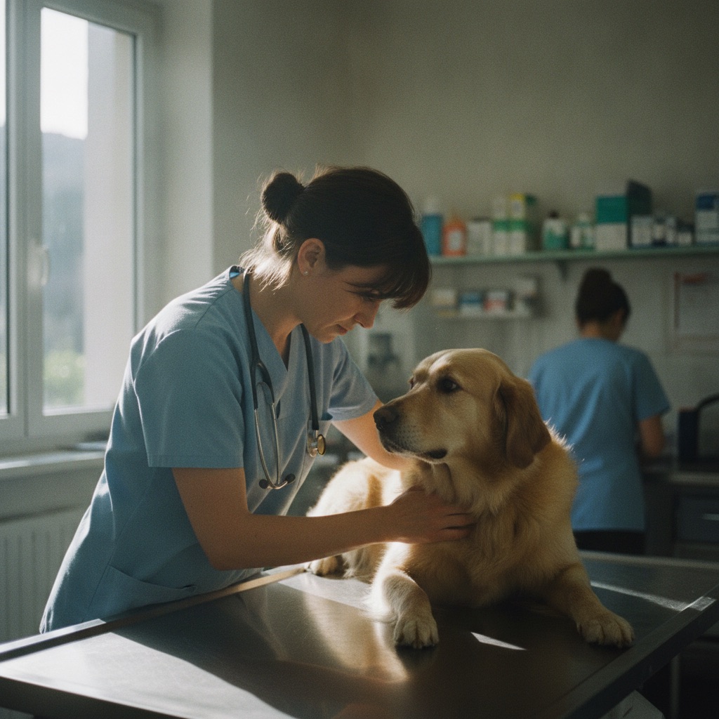 Vétérinaires au travail : Un vétérinaire ausculte un chien sur une table d'examen, stéthoscope autour du cou