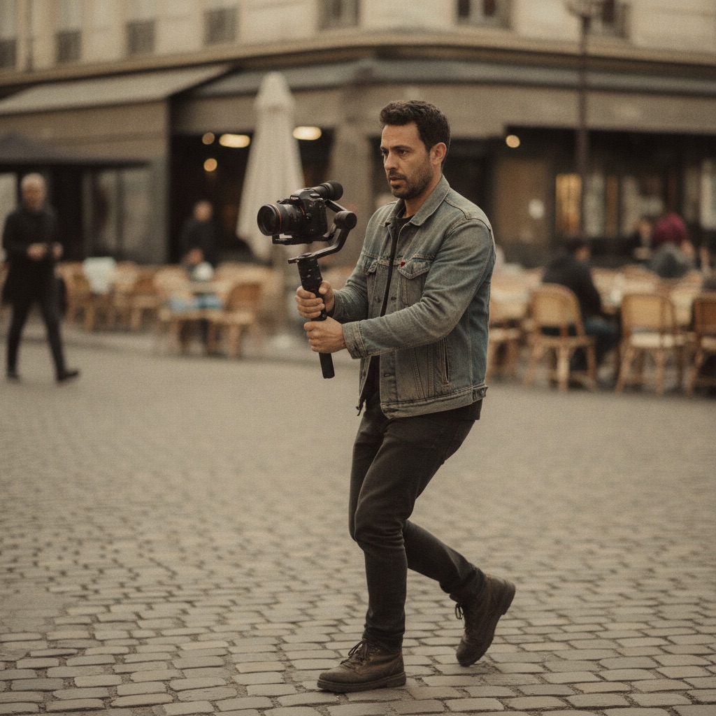 Vidéastes au travail : Un vidéaste filme avec une caméra sur stabilisateur lors d'un tournage