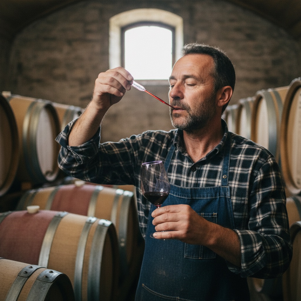 Vignerons au travail : Un vigneron déguste son vin à la pipette dans un chai, barriques en fond