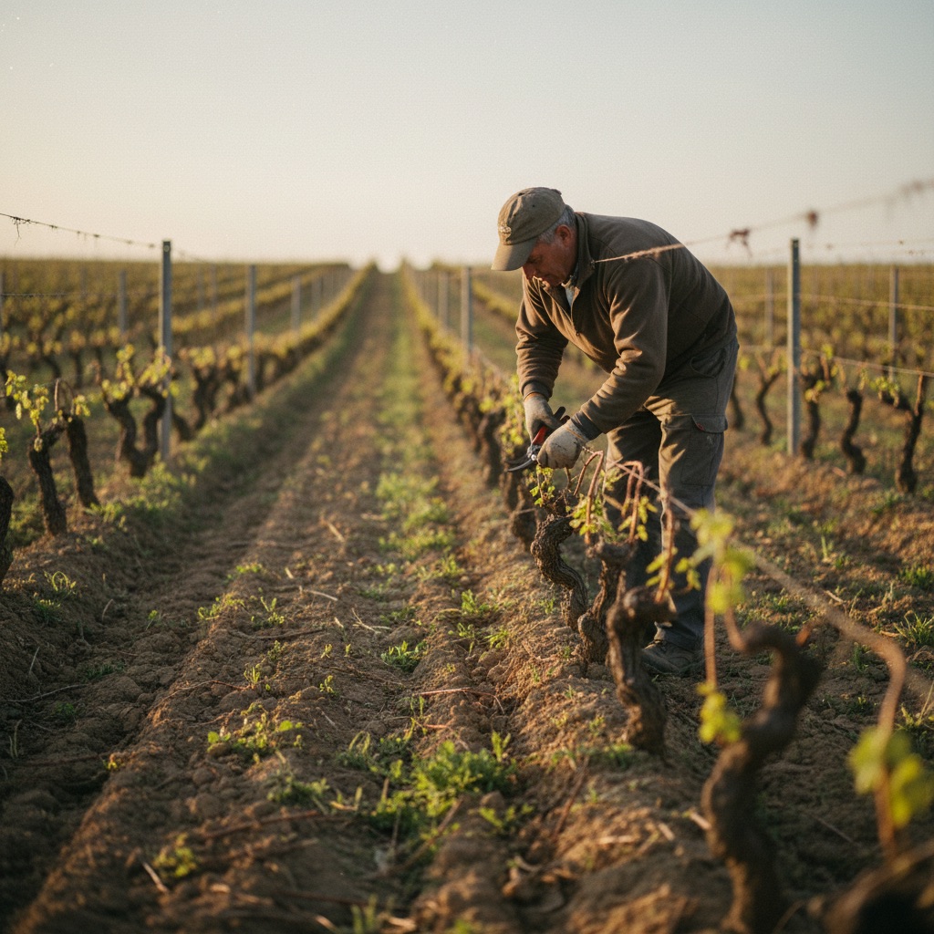 Viticulteurs au travail : Un viticulteur taille des ceps de vigne dans ses rangs au petit matin