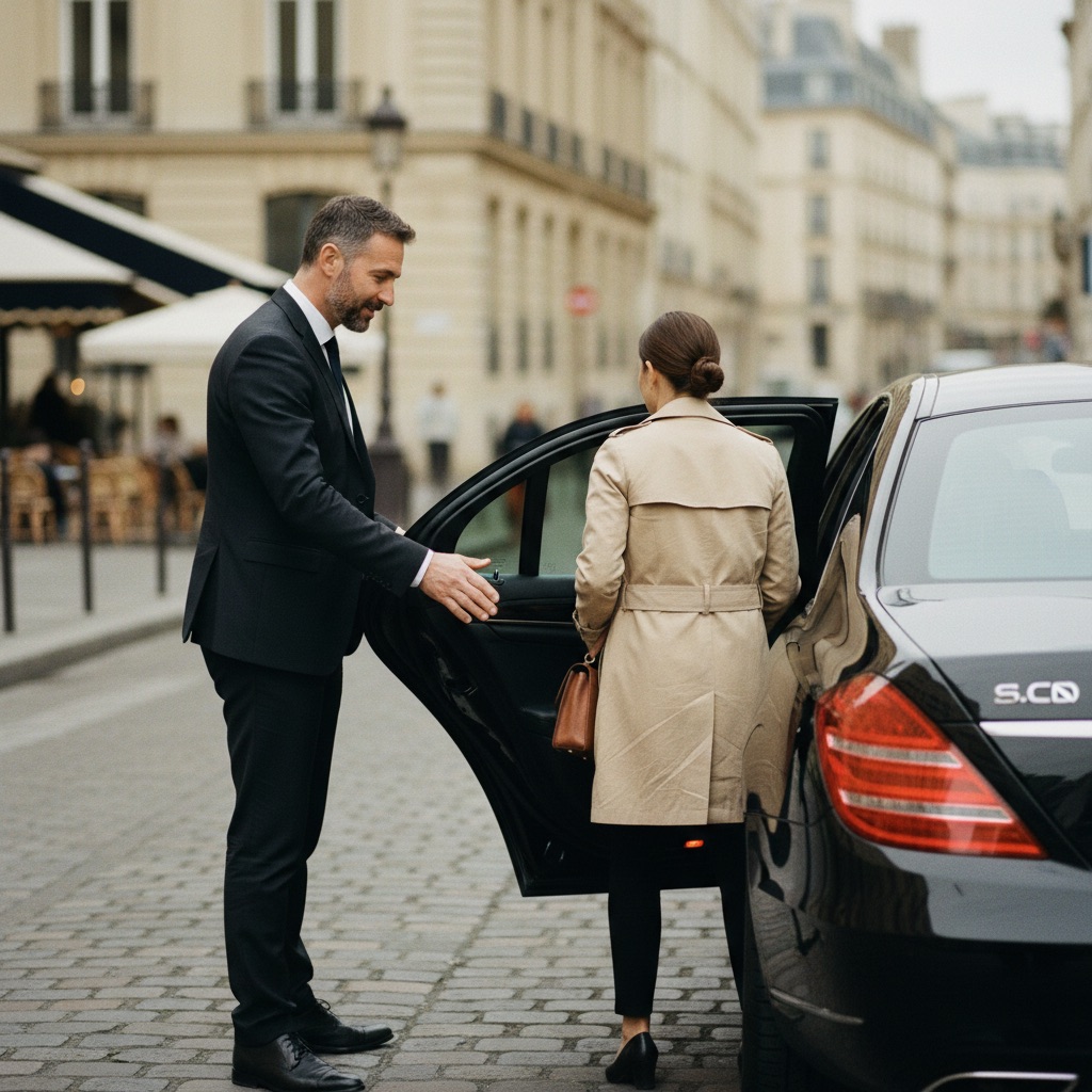 VTC au travail : Un chauffeur VTC ouvre la portière arrière d'une berline noire pour un client