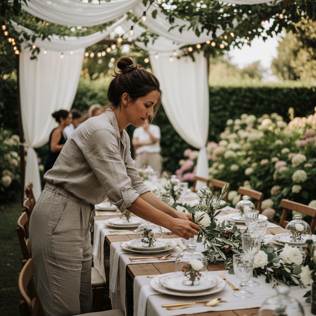 Wedding planners au travail : Une wedding planner dispose la décoration d'une table de mariage en extérieur